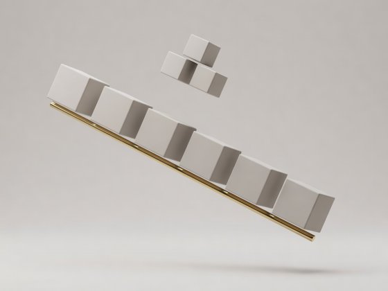 Soft-lit 3D render of descending bass note blocks connected by a brass rod underneath upper triad blocks