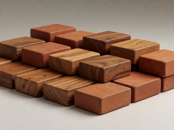 Soft-lit 3D render of interlocking wood and terracotta blocks showing vocal phrases alternating with instrumental response fills