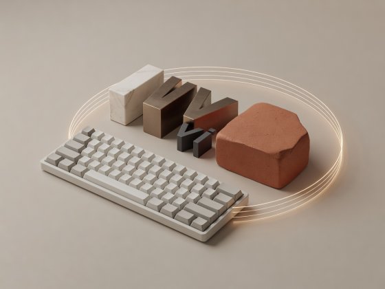 Soft-lit 3D render of a short keyboard beside Roman numeral blocks I, IV, V, vi and a terracotta iv borrowed minor block