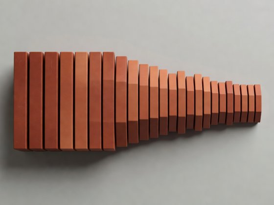 Soft-lit 3D render of wide two-bar blocks compressing into narrow half-bar terracotta blocks to illustrate harmonic acceleration