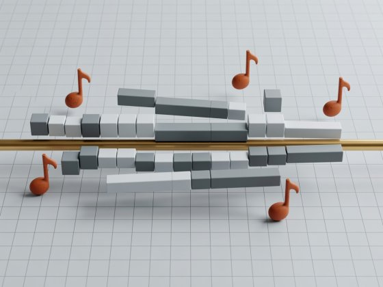 Soft-lit 3D render of rhythmic subdivision blocks shifted across a brass barline marker with terracotta pickup notes