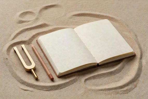 Soft-lit 3D render of an open square notation notebook, a brass tuning fork, and a terracotta-tipped pencil on a sand workbench