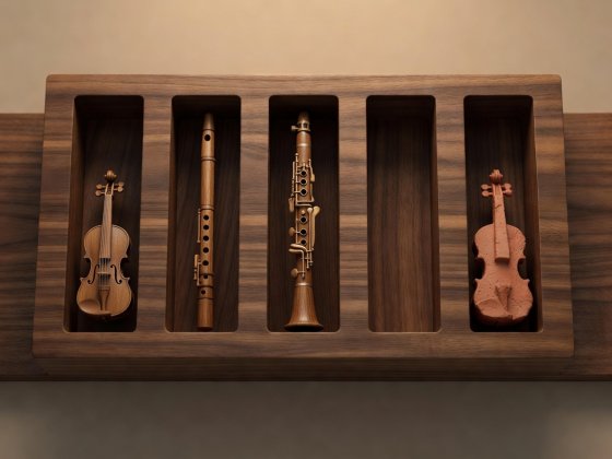 Soft-lit 3D render of five vertical register slots from C1 to C6 containing wooden instrument tokens and one terracotta counter-melody token