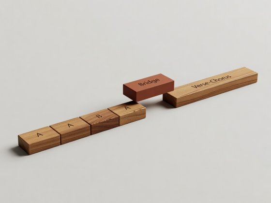 Soft-lit 3D render of measured timber blocks labeled A, A, B, A and Verse-Chorus with a terracotta Bridge block offset higher