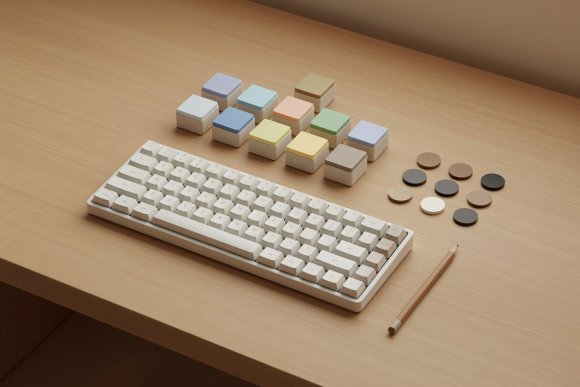Soft-lit 3D render of the Sand Songbench workspace featuring a short keyboard, movable note blocks, a pencil, and role tokens